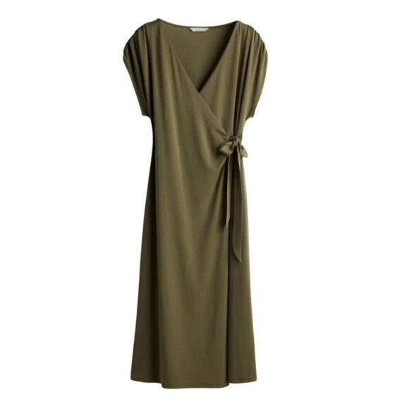 H&M Jersey Wrap Dress Khaki Green Midi Size Small - Picture 2 of 11